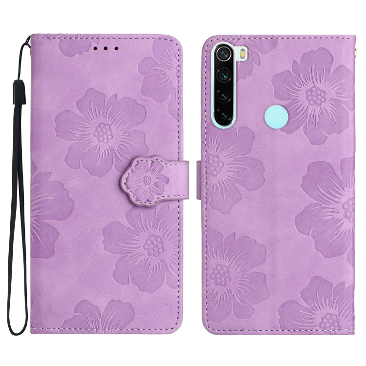 Purple embossed flower leather wallet phone case with magnetic flap and camera cutout