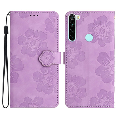 Purple embossed flower leather wallet phone case with magnetic flap and camera cutout