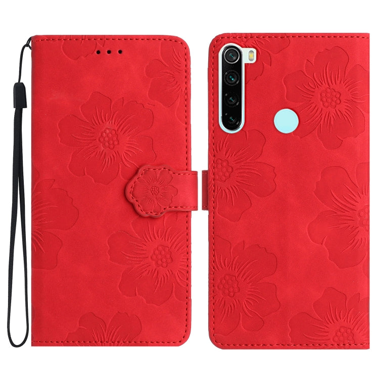 Red embossed flower leather wallet phone case with magnetic flap and camera cutout