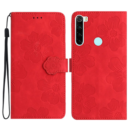 Red embossed flower leather wallet phone case with magnetic flap and camera cutout
