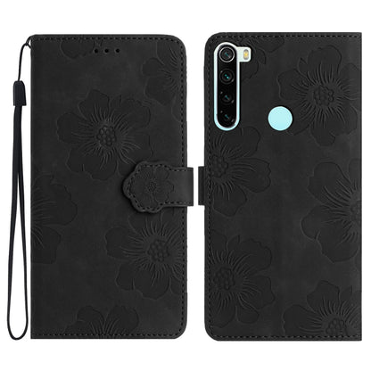 Black leather flip phone case with embossed flowers, front wallet flap and wrist strap
