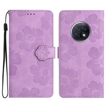 Purple leather flip phone case with embossed flowers and front wallet flap