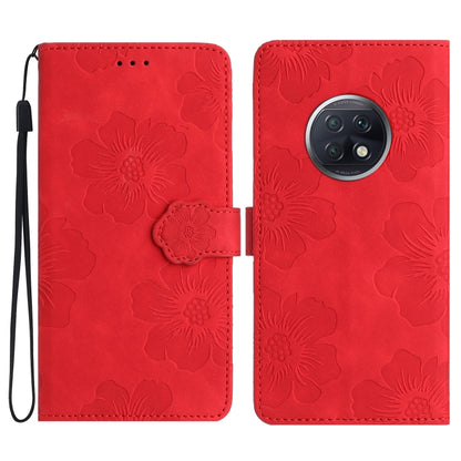 Red leather flip phone case with embossed flowers and front wallet flap