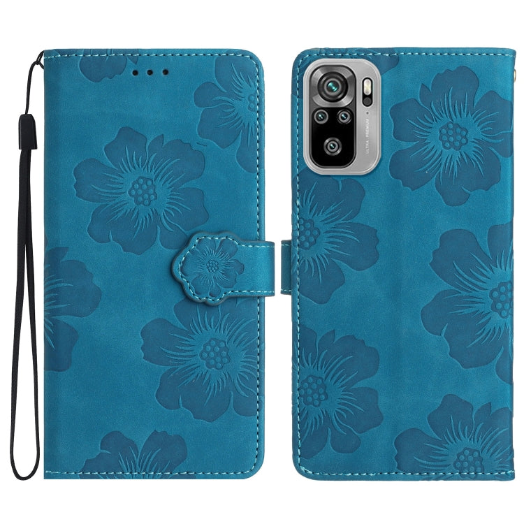 Blue leather phone case with embossed flowers and camera cutout