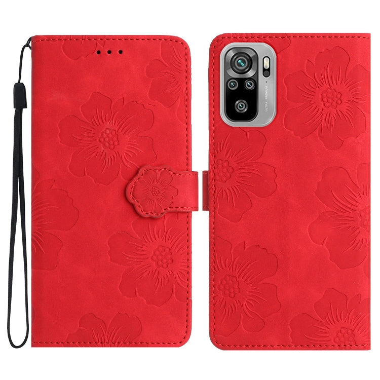 Red leather phone case with embossed floral pattern and camera cutout