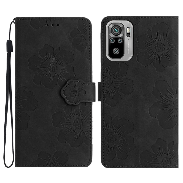Black floral embossed leather phone case with magnetic flip and wrist strap
