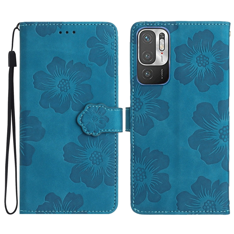 Blue floral embossed leather phone case with magnetic flip and wrist strap