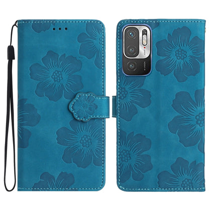 Blue floral embossed leather phone case with magnetic flip and wrist strap