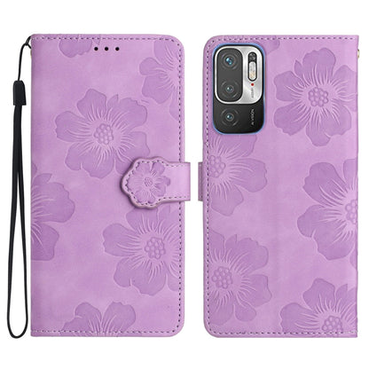 Purple floral embossed leather phone case with magnetic flip and wrist strap