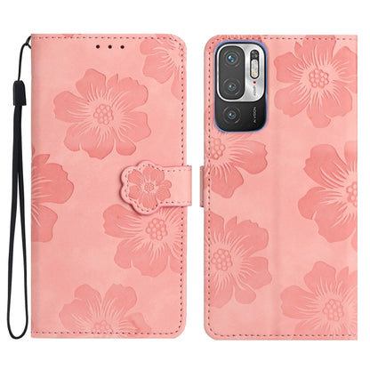 Pink floral embossed leather phone case with magnetic flip and wrist strap