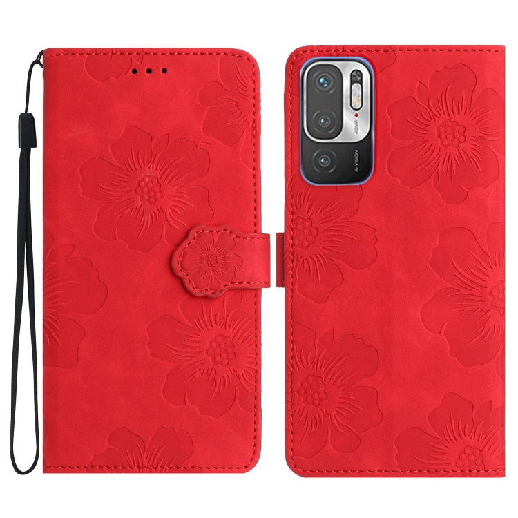 Red floral embossed leather phone case with magnetic flip and wrist strap