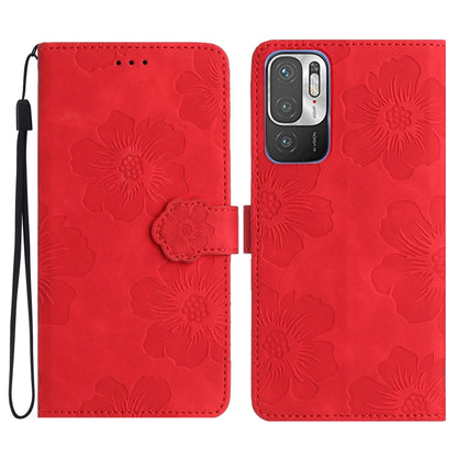 Red floral embossed leather phone case with magnetic flip and wrist strap