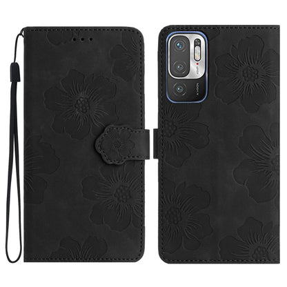 Black floral embossed leather phone case with magnetic flip and camera cutout