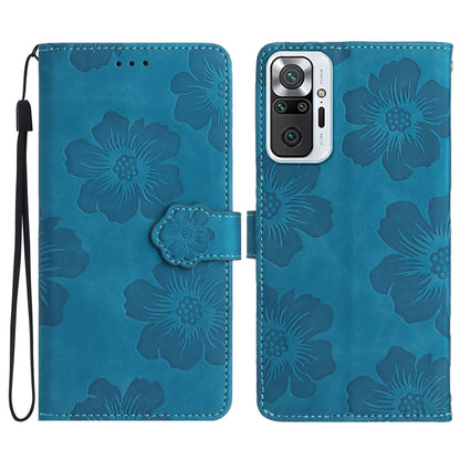 Blue floral embossed leather phone case with magnetic flip and camera cutout