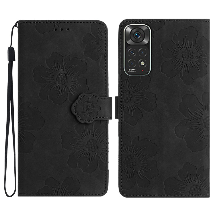 Black embossed flower leather flip phone case with wrist strap and card holder