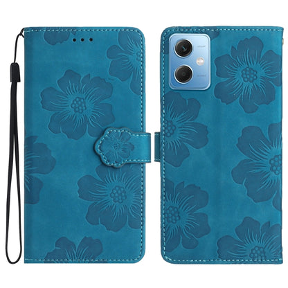Blue embossed flower leather flip phone case with wrist strap and camera cutout