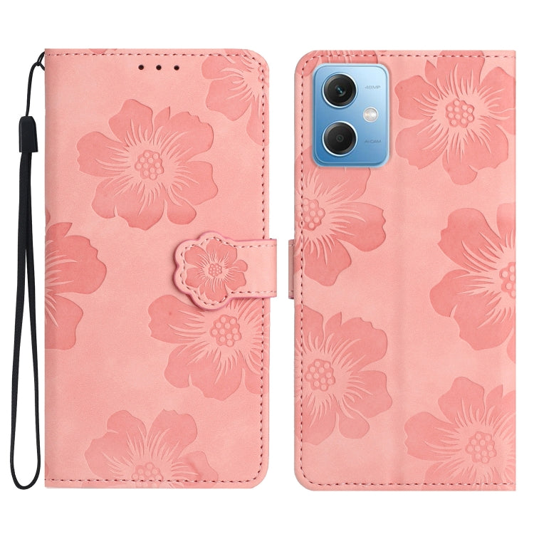 Pink embossed flower leather flip phone case with wrist strap and card holder