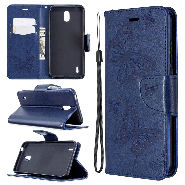 Navy phone wallet case with butterfly emboss, flip stand, card slot, wrist strap.