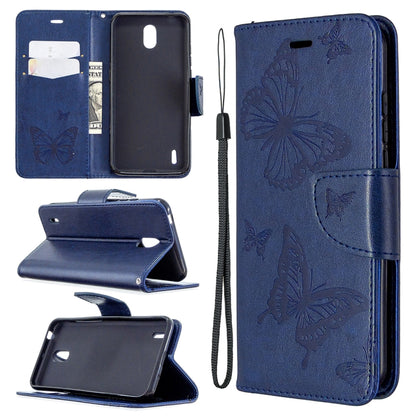 Navy phone wallet case with butterfly emboss, flip stand, card slot, wrist strap.
