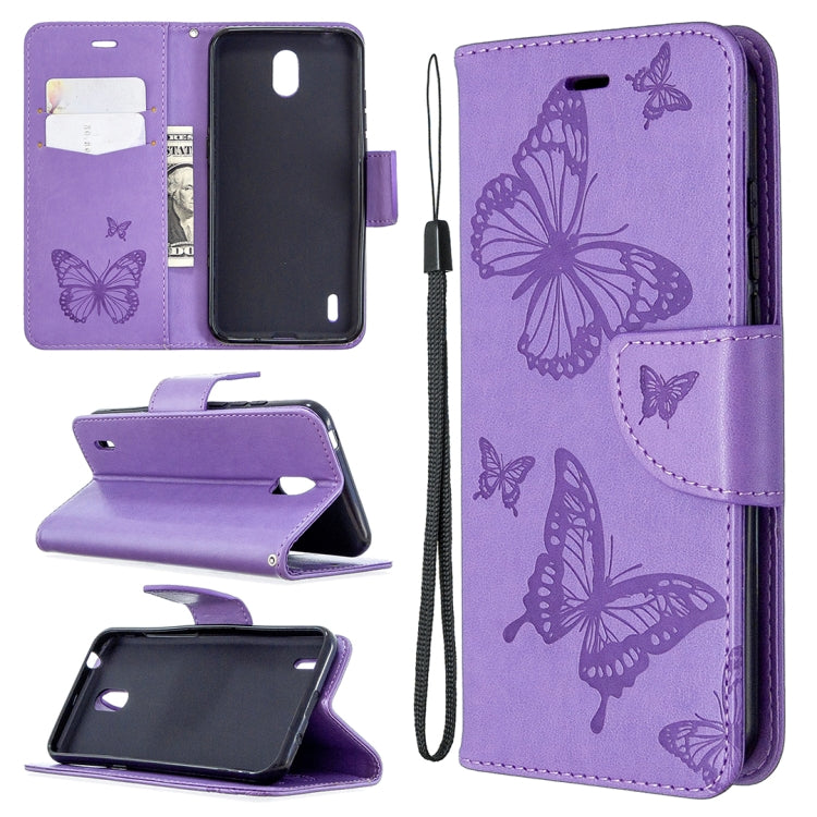 Purple phone wallet case with butterfly emboss, flip stand, card slot, wrist strap.