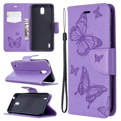 Purple phone wallet case with butterfly emboss, flip stand, card slot, wrist strap.