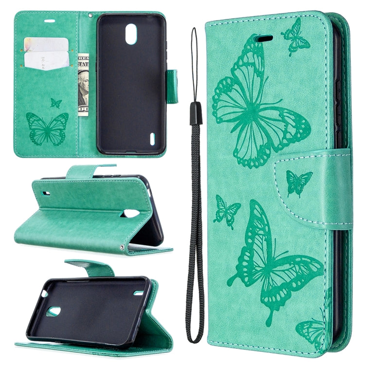 Teal phone wallet case with butterfly emboss, flip stand, card slot, wrist strap.