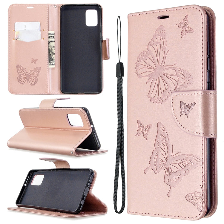 Light pink embossed butterfly leather phone wallet case with card slot and lanyard