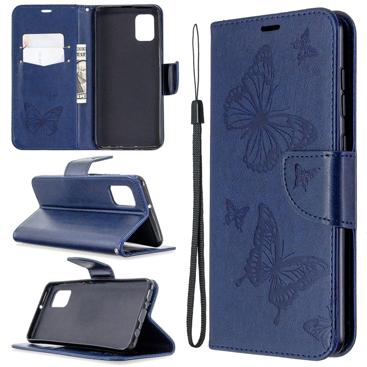Blue embossed butterfly leather phone wallet case with card slot and lanyard