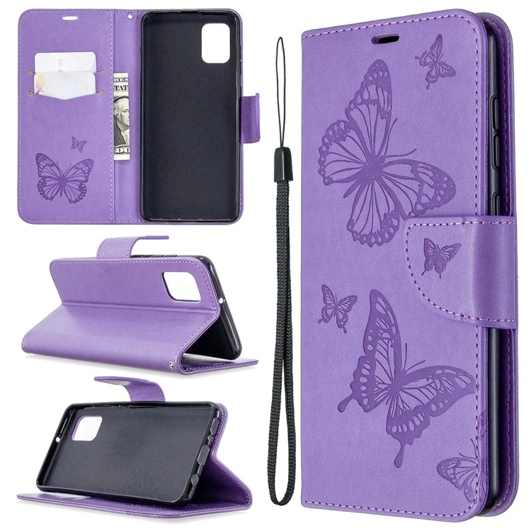 Purple phone wallet case with butterfly emboss, flip stand, card slot, wrist strap.
