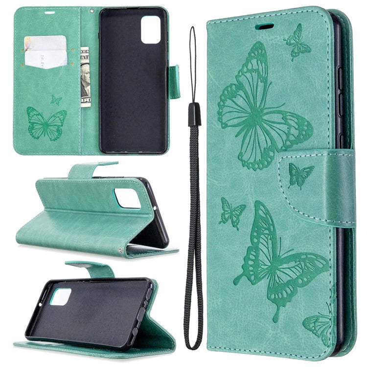 Green embossed butterfly leather phone wallet case with card holder and lanyard