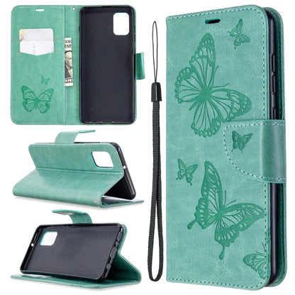 Green embossed butterfly leather phone wallet case with card holder and lanyard