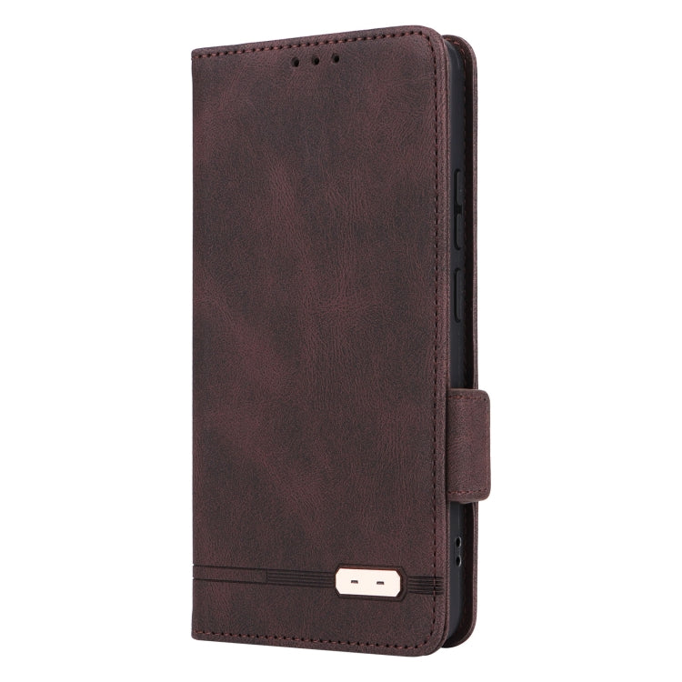 Brown leather folio phone case with magnetic clasp and stitched edges