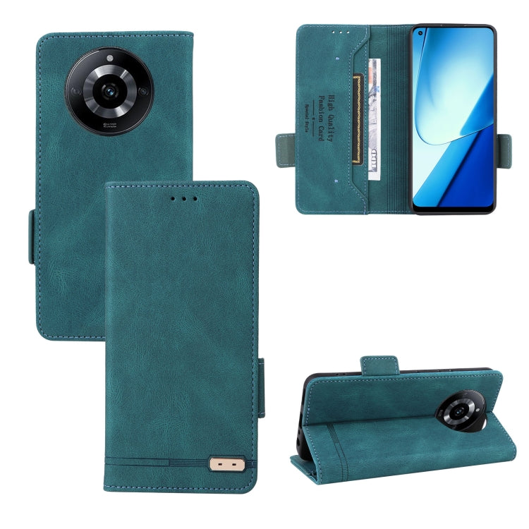 Teal leather folio phone case with magnetic clasp, card slots, and camera cutout