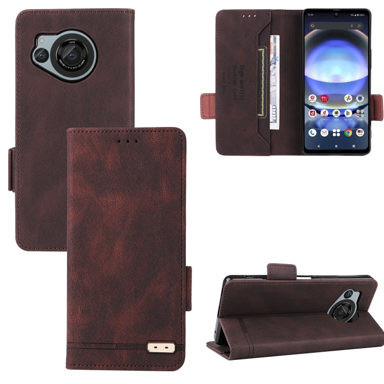 Dark brown leather flip phone case with magnetic clasp, card slots, and camera cutout