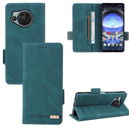 Blue-green leather flip phone case with magnetic clasp, card slots, and camera cutout