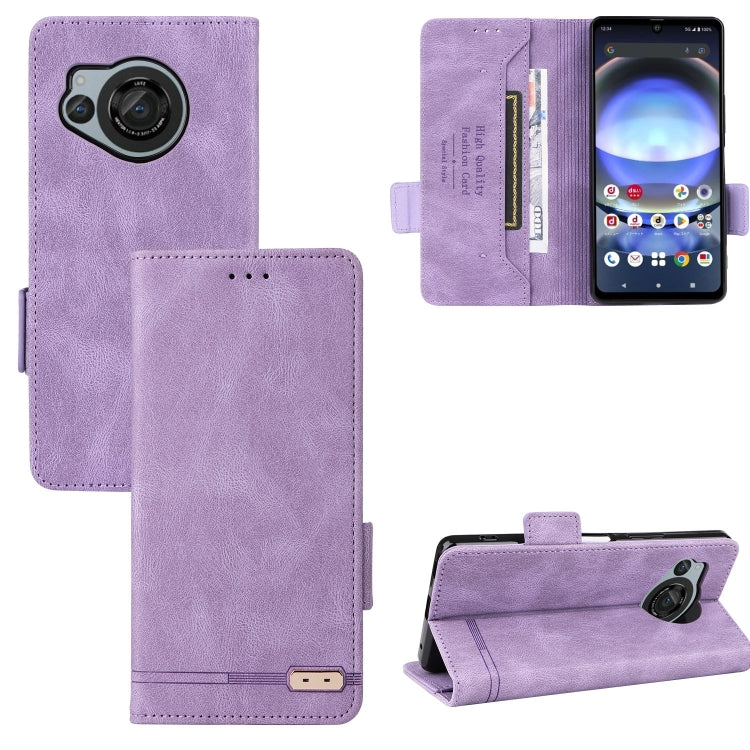 Light purple leather flip phone case with magnetic clasp, card slots, and camera cutout