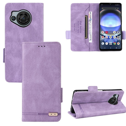Light purple leather flip phone case with magnetic clasp, card slots, and camera cutout