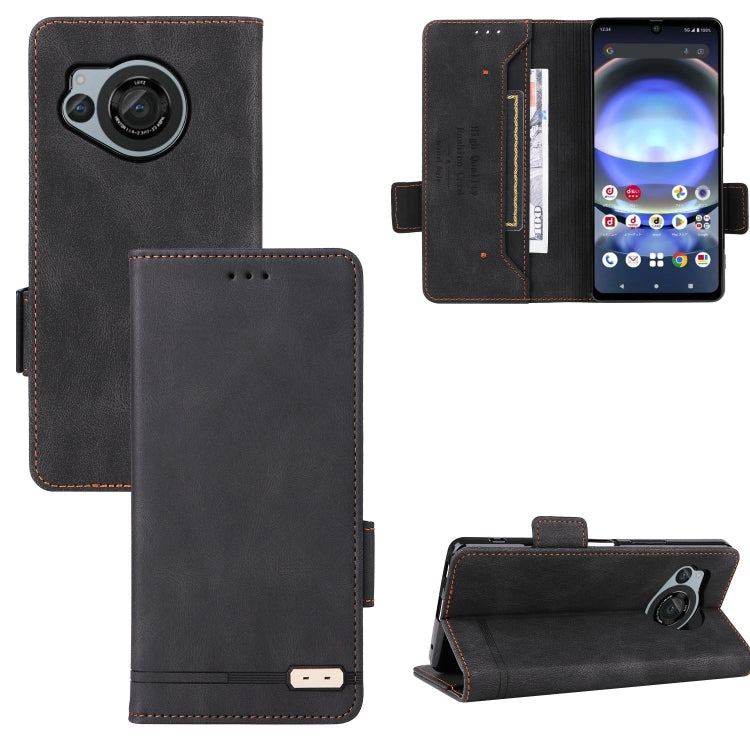 Charcoal black leather flip phone case with magnetic clasp, card slots, and camera cutout