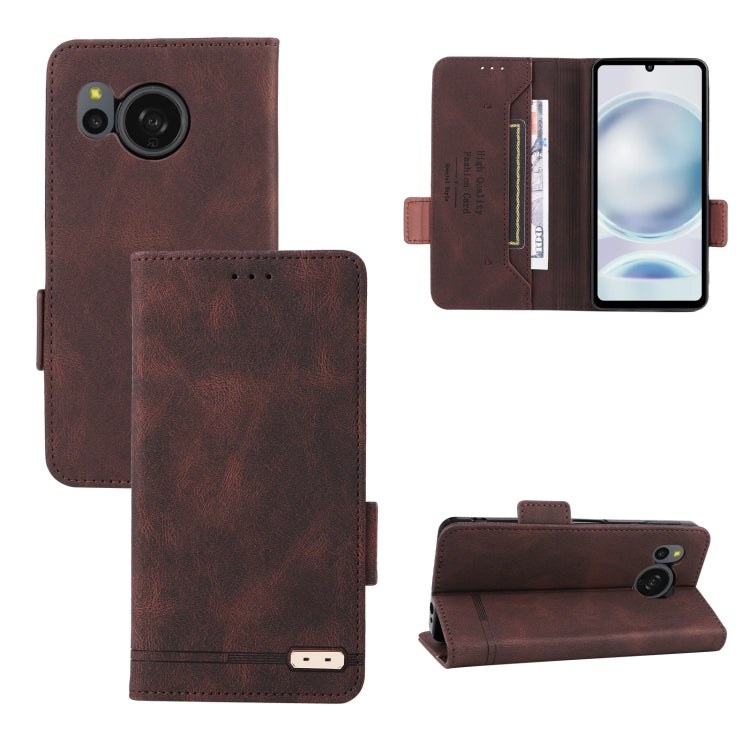 Brown leather flip phone case with magnetic clasp, card slots, and camera cutout