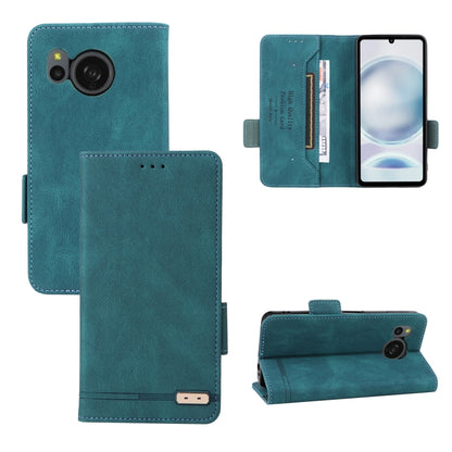 Teal leather flip phone case with magnetic clasp, card slots, and camera cutout