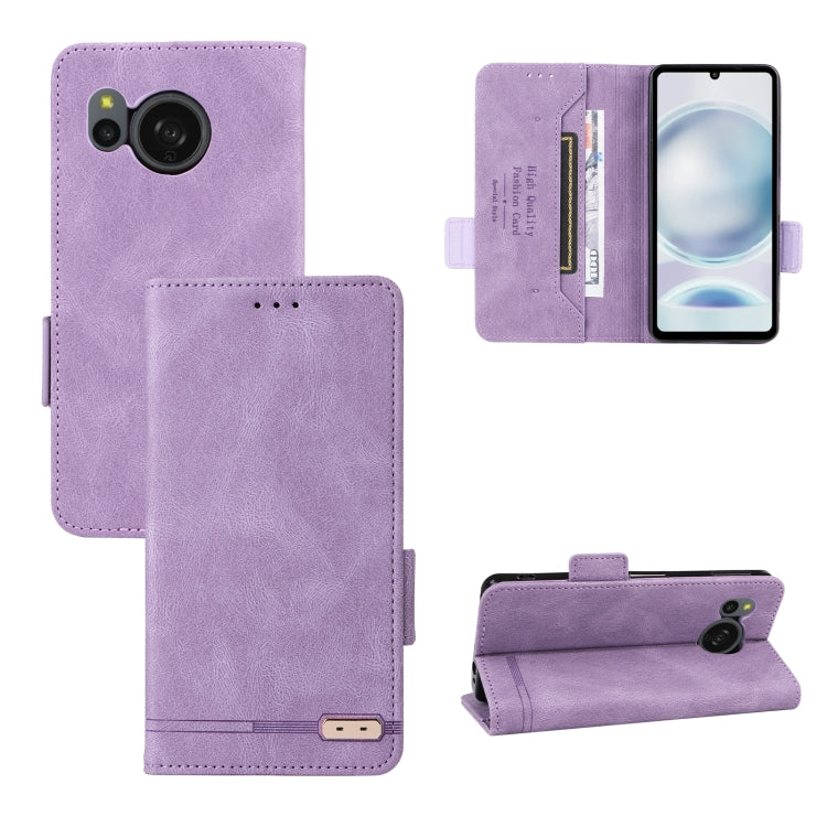 Purple leather flip phone case with magnetic clasp, card slots, and camera cutout