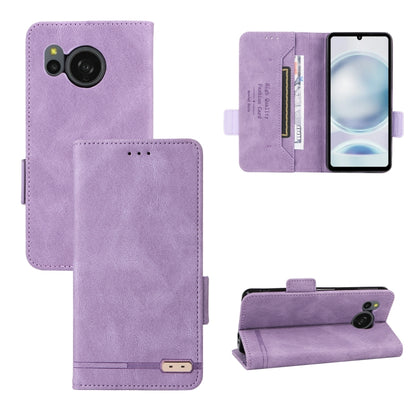 Purple leather flip phone case with magnetic clasp, card slots, and camera cutout