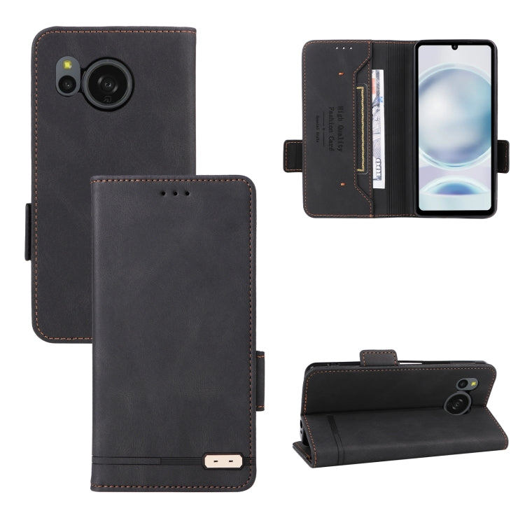 Black leather flip phone case with magnetic clasp, card slots, and camera cutout