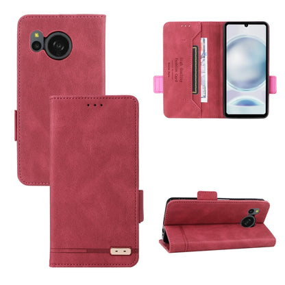 Pink-red leather flip phone case with magnetic clasp, card slots, and camera cutout