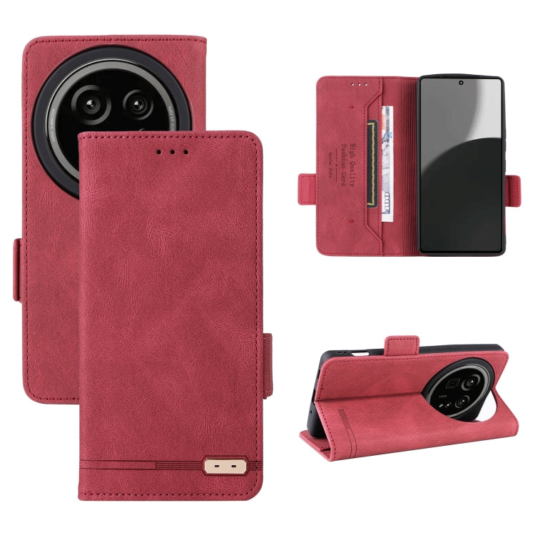 Red leather flip phone case with magnetic clasp, card slots, and camera cutout