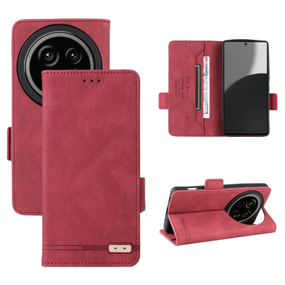 Red leather flip phone case with magnetic clasp, card slots, and camera cutout