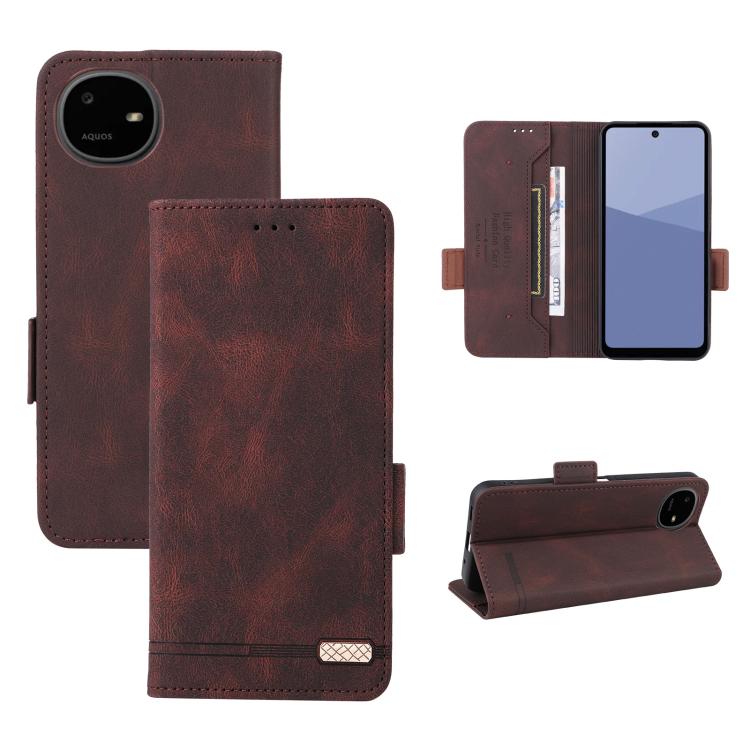 Brown leather phone case with magnetic clasp, flip cover, card slot, and stand