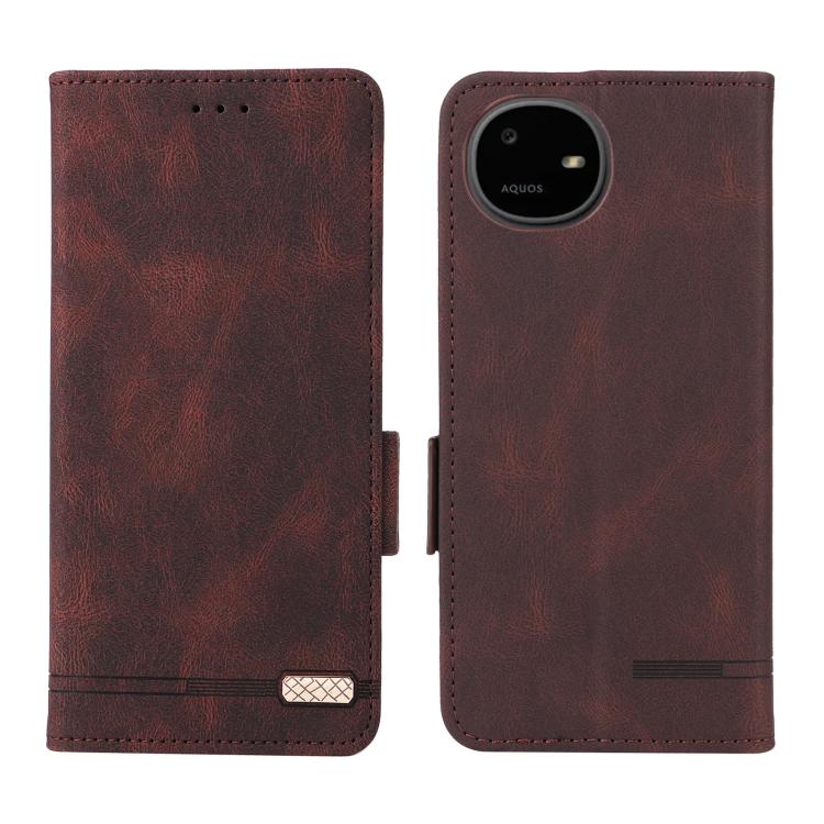 Brown leather flip phone case with magnetic clasp and front camera cutout