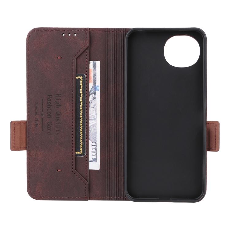 Brown leather wallet-style phone case open view with card slots and magnetic clasp