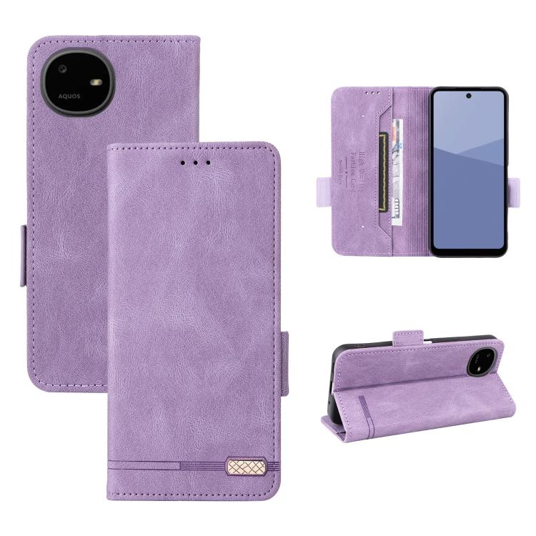 Purple leather magnetic clasp flip phone case with card slot and stand